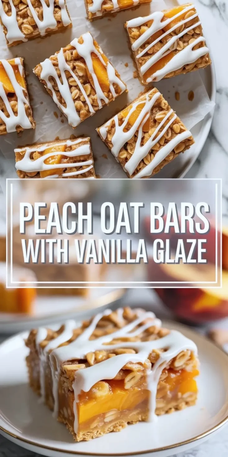 Peach oat bars with vanilla glaze on a tray and plated bar with text overlay used as the featured image for the recipe.