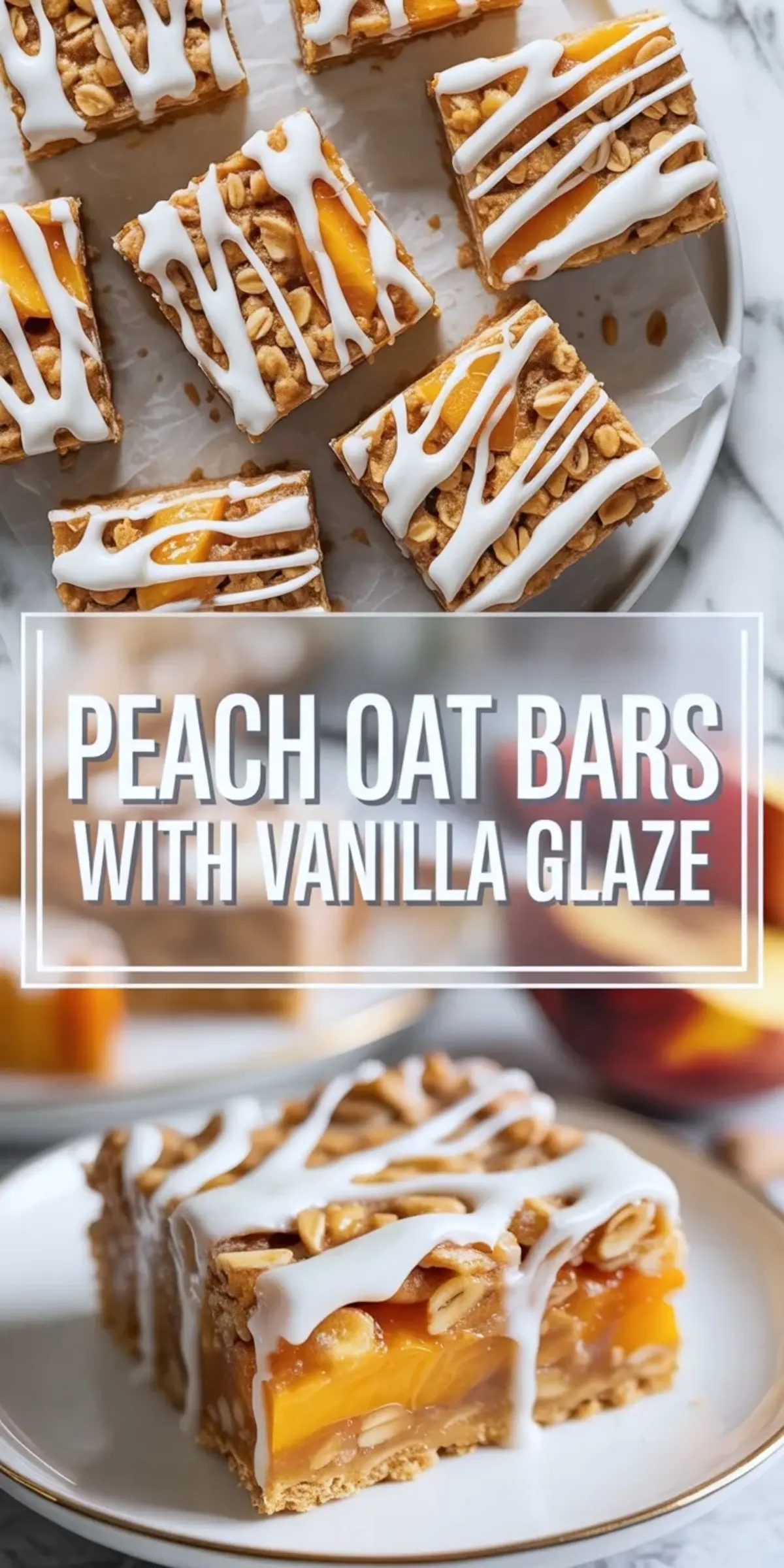 Peach oat bars with vanilla glaze on a tray and plated bar with text overlay used as the featured image for the recipe.