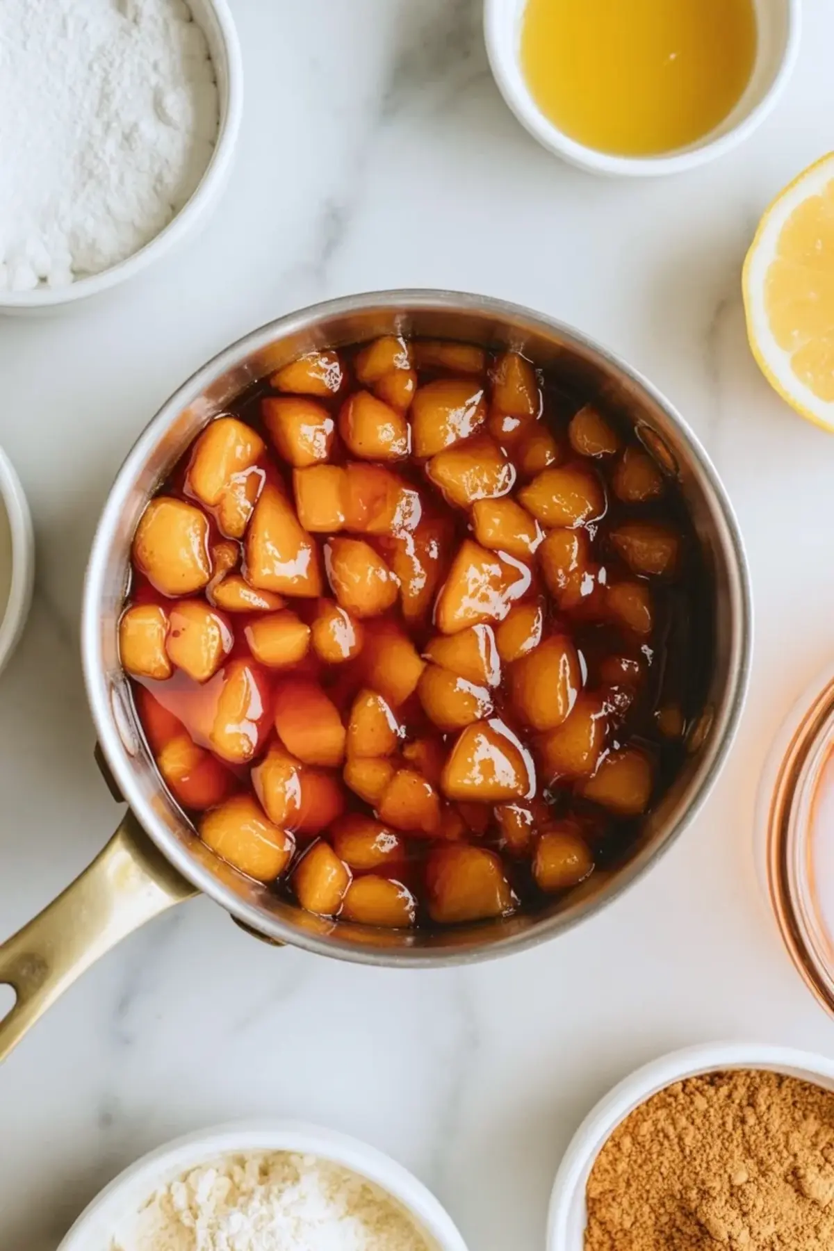 Cooked peach pie filling simmers in a saucepan with glossy peach chunks while flour, lemon, sugar, and cinnamon sit around the pan for peach pie cruffins.