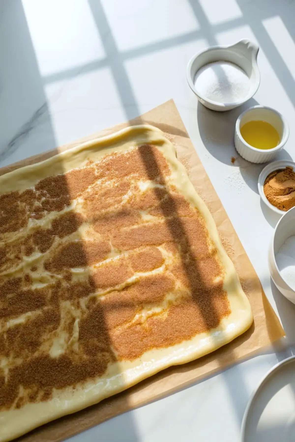 Rolled pastry dough sits on parchment with melted butter and cinnamon sugar spread across the surface for peach pie cruffins.
