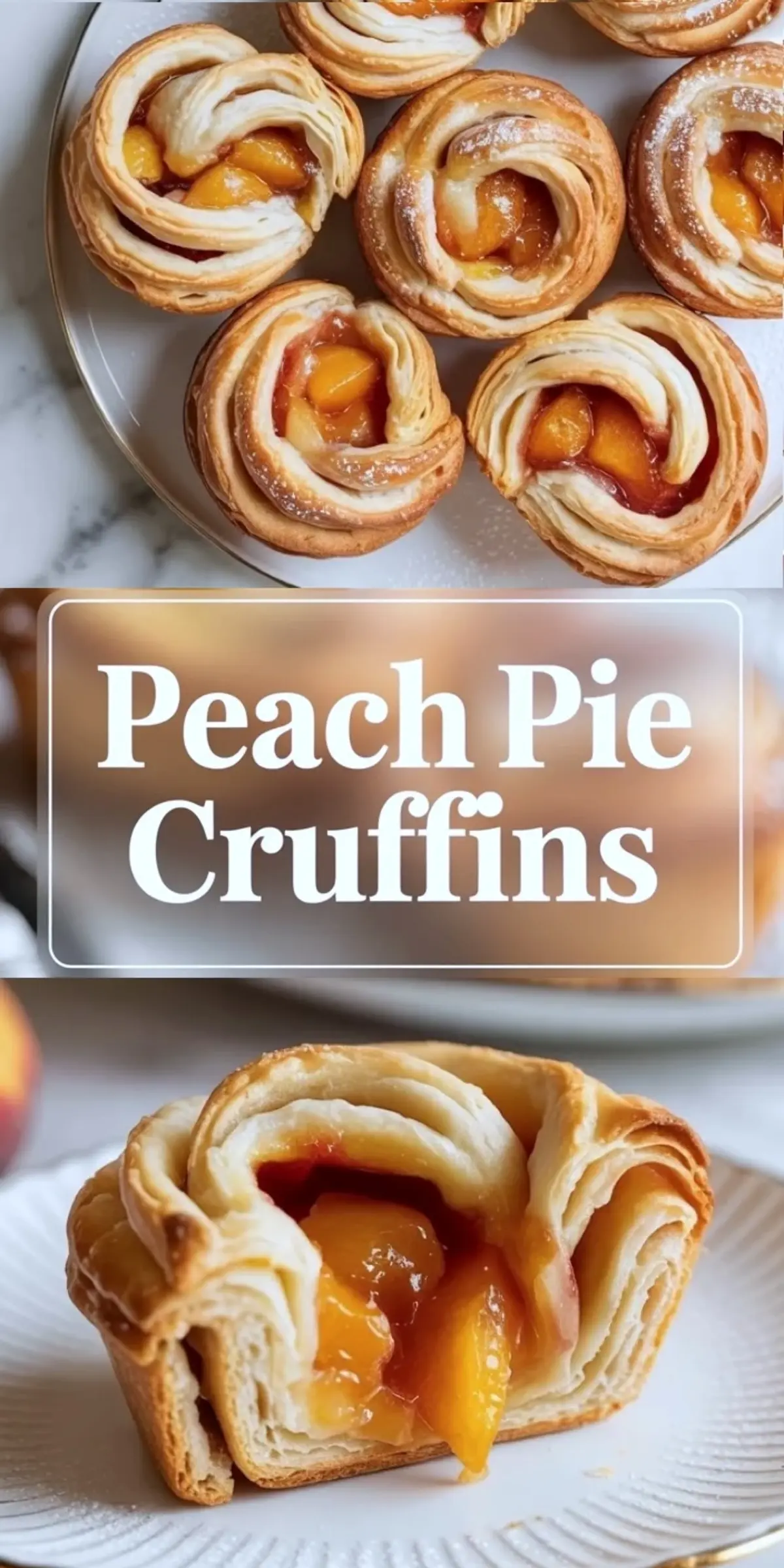 Peach pie cruffins collage shows peach-filled cruffins on a plate and a close view of one cruffin with visible flaky pastry layers and peach filling.