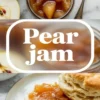 Pear jam cooks in a saucepan and is stirred with a spoon, showing the glossy thickening texture as the preserve reduces.
