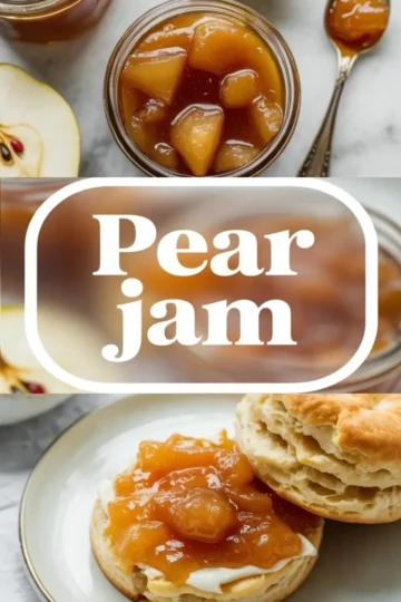 Pear jam cooks in a saucepan and is stirred with a spoon, showing the glossy thickening texture as the preserve reduces.