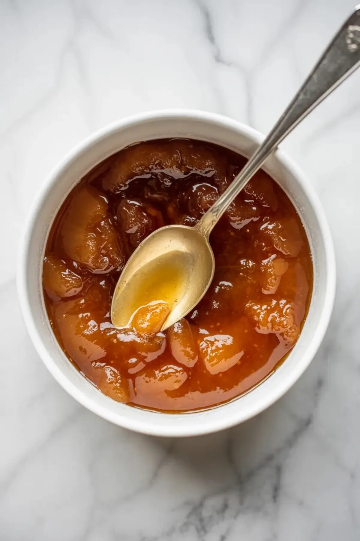 Collage of homemade pear jam showing a jar of pear preserve and a spoonful served on bread, with the golden jam looking smooth and glossy.