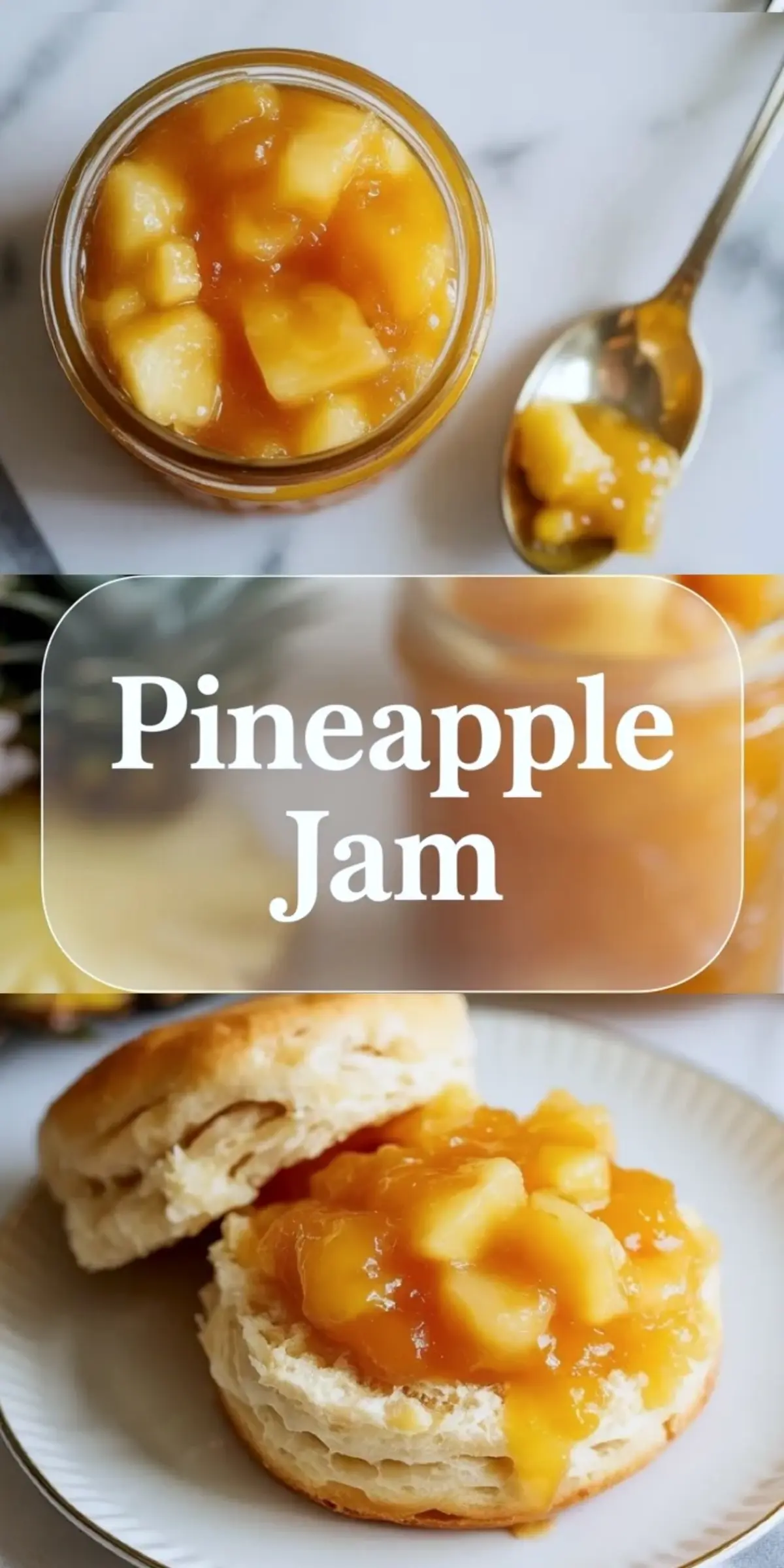 Collage of pineapple jam process and finished preserve showing the jam as it cooks and thickens.