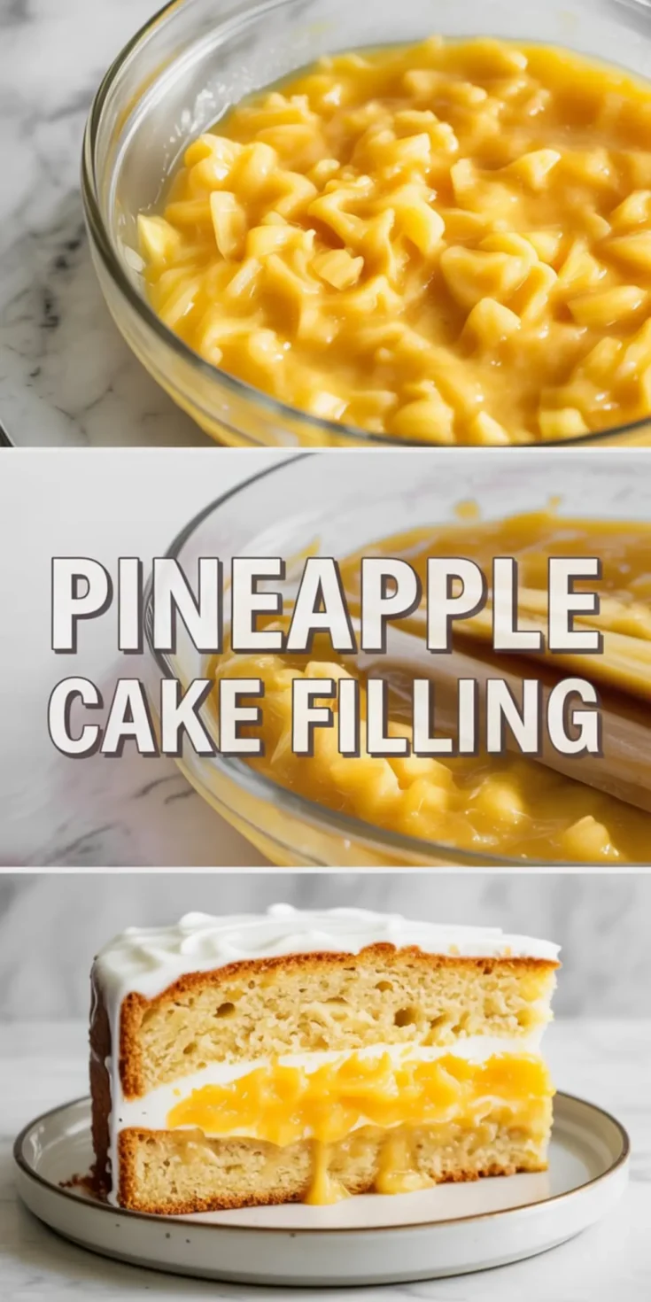 Pineapple cake filling collage shows glossy homemade pineapple filling in a bowl and close views of the bright fruit texture for layer cakes and cupcakes.
