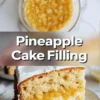 Pineapple cake filling collage shows glossy homemade pineapple filling in a bowl and close views of the bright fruit texture for layer cakes and cupcakes.