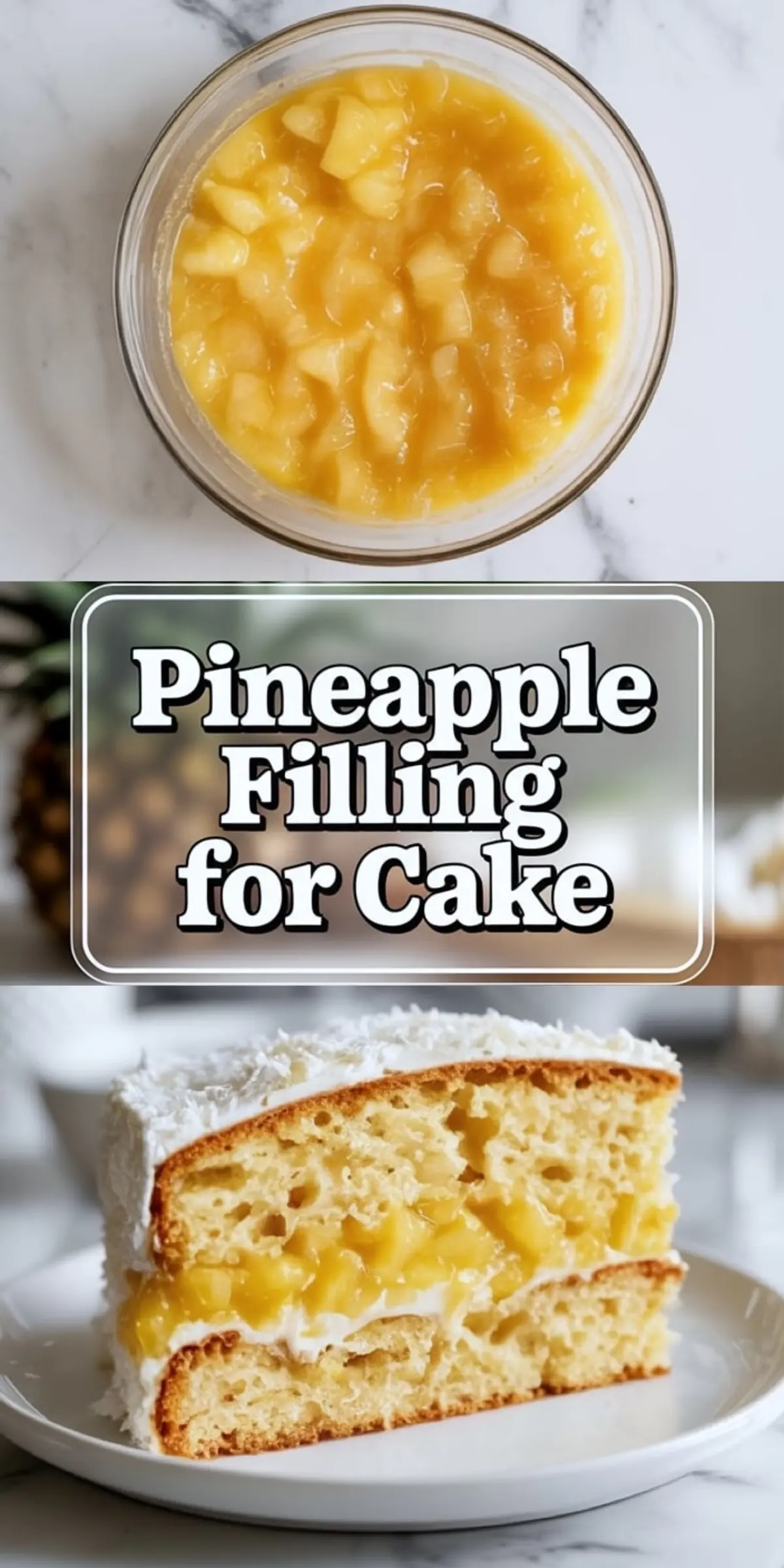 Easy pineapple filling for cake collage shows soft glossy pineapple filling in a bowl with close detail of the fruit texture for layer cakes and dessert fillings.
