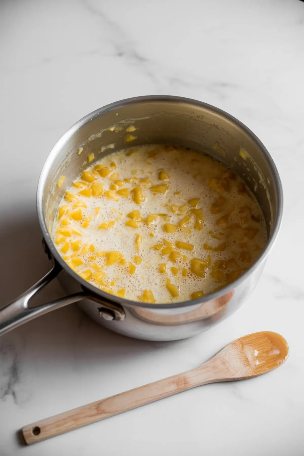 Cooked pineapple filling thickens in a saucepan for this pineapple filling for cake recipe with bright fruit texture and glossy finish.