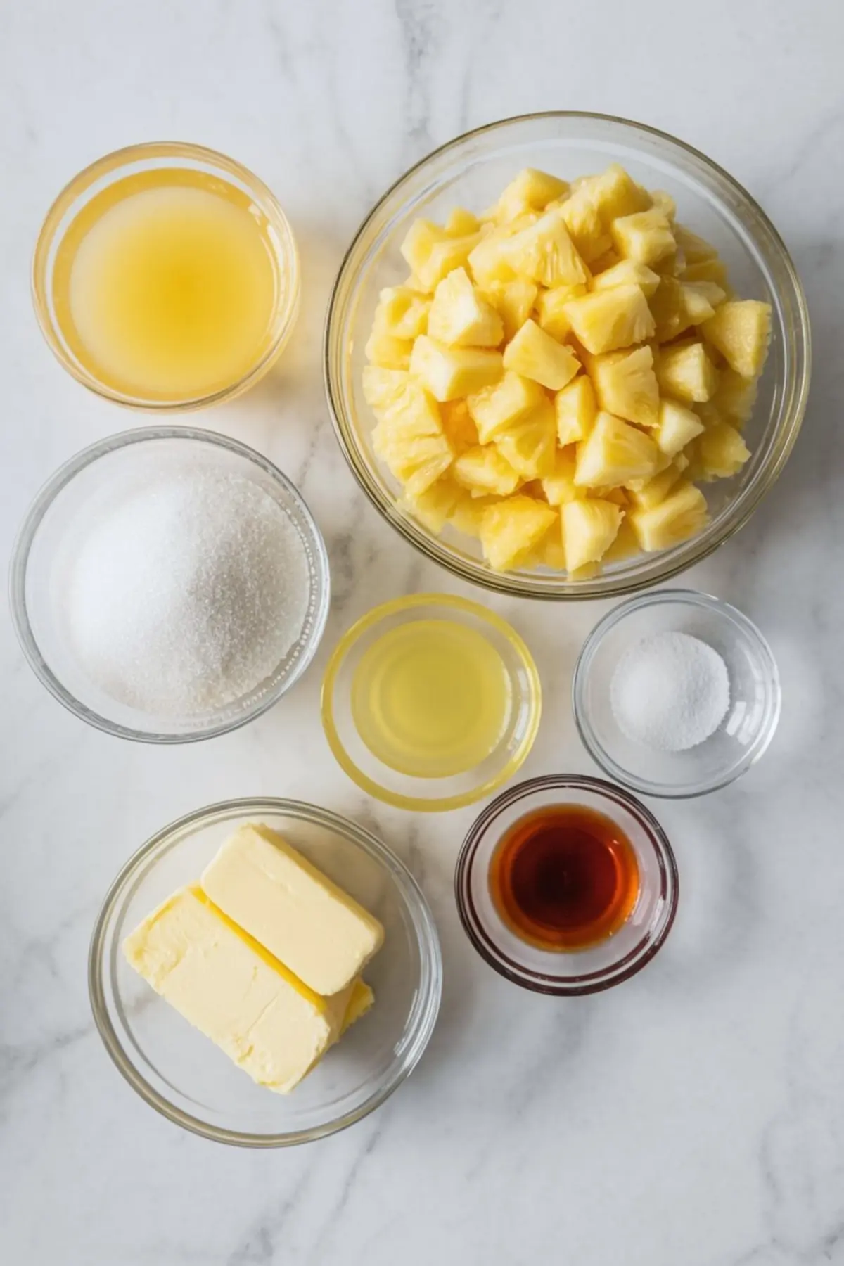 Pineapple cake filling ingredients sit on a marble surface with pineapple, sugar, lemon, cornstarch, and measured bowls ready for a homemade fruit filling.