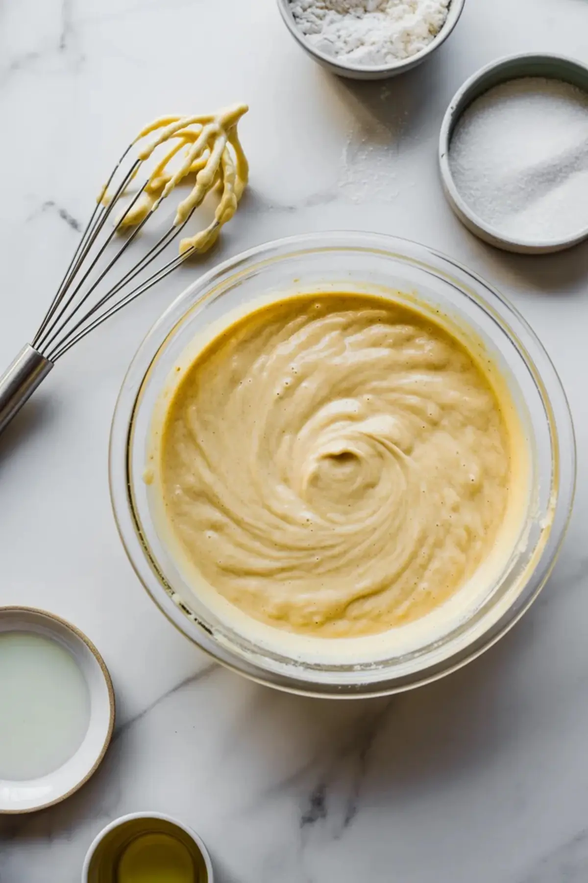 Glass bowl holds smooth yellow cake batter on a white marble counter. Metal whisk rests beside the bowl while small bowls with sugar, flour, milk, and oil sit around the batter for homemade pineapple cake preparation.
