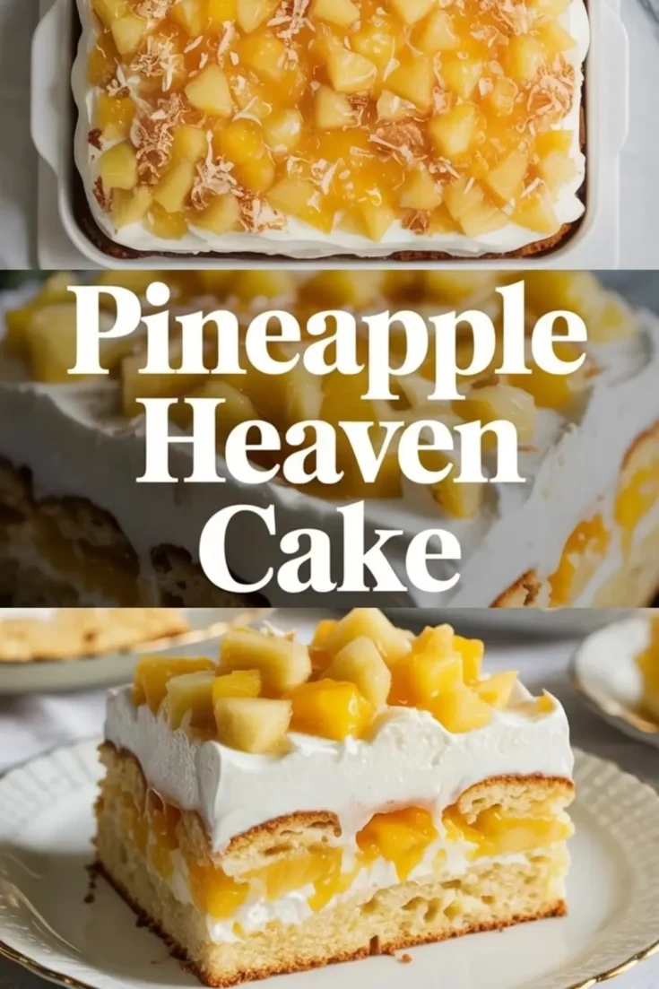 Vertical collage shows pineapple heaven cake process and slice. Top panel shows sheet cake topped with whipped cream, pineapple chunks, and coconut. Center panel displays text Pineapple Heaven Cake. Bottom panel shows layered pineapple cream cake slice on a dessert plate.