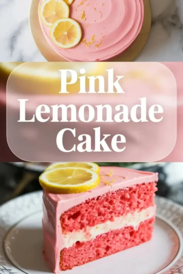 Pink lemonade cake collage shows frosted pink layer cake topped with fresh lemon slices, title text Pink Lemonade Cake in the center, and a slice of pink lemon cake with white filling on a plate.
