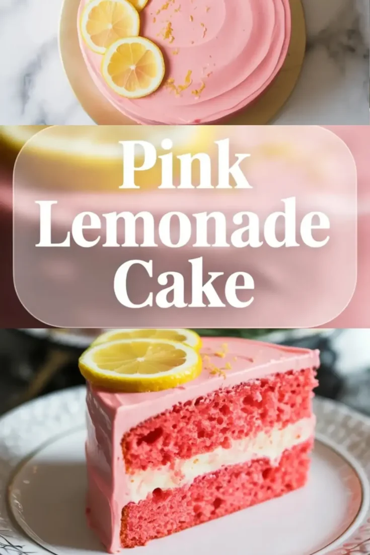 Pink lemonade cake collage shows frosted pink layer cake topped with fresh lemon slices, title text Pink Lemonade Cake in the center, and a slice of pink lemon cake with white filling on a plate.