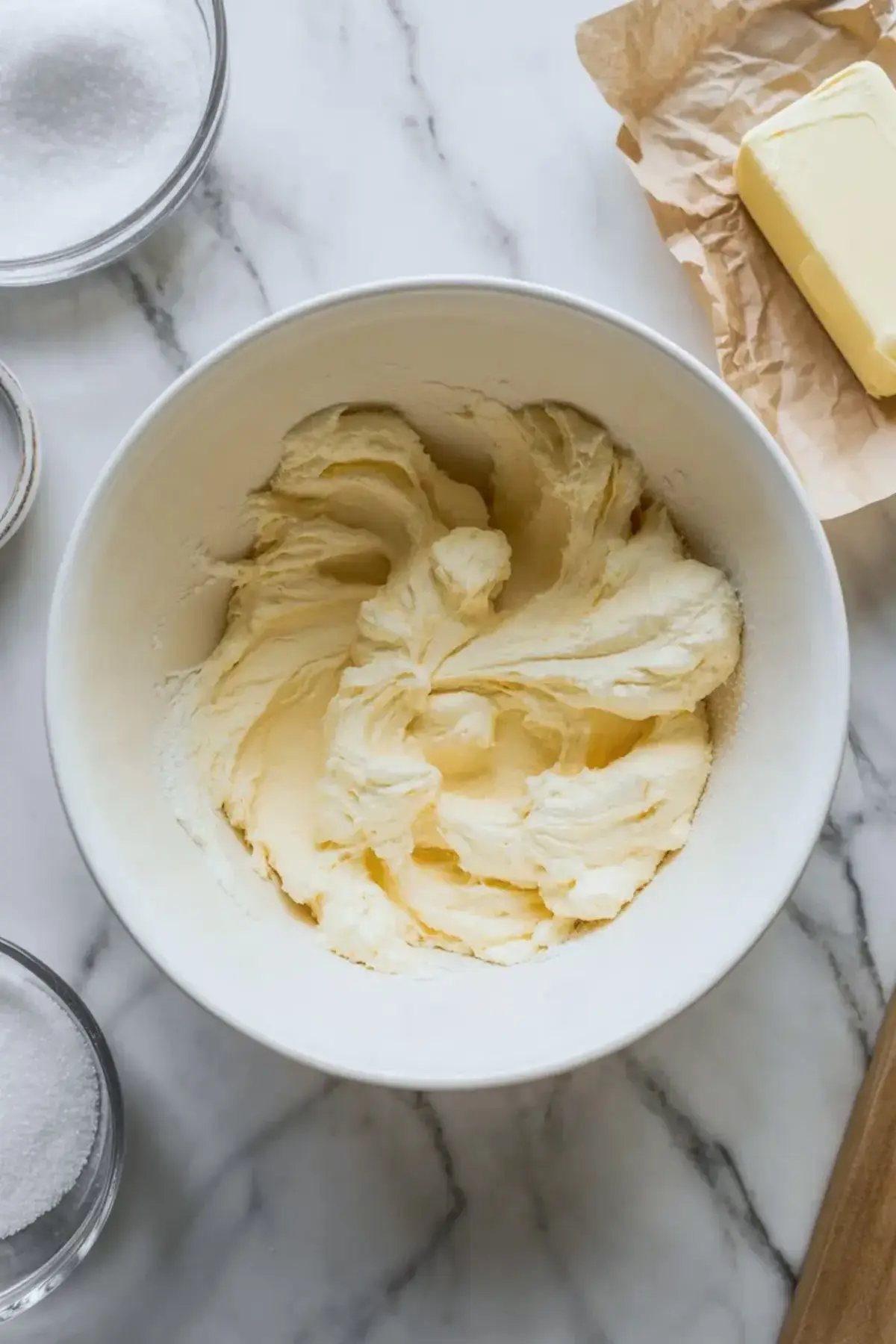 Mixer whipped butter and sugar create pale creamy cake base in a white bowl with sugar bowls and butter on a marble countertop for homemade cake batter preparation.

