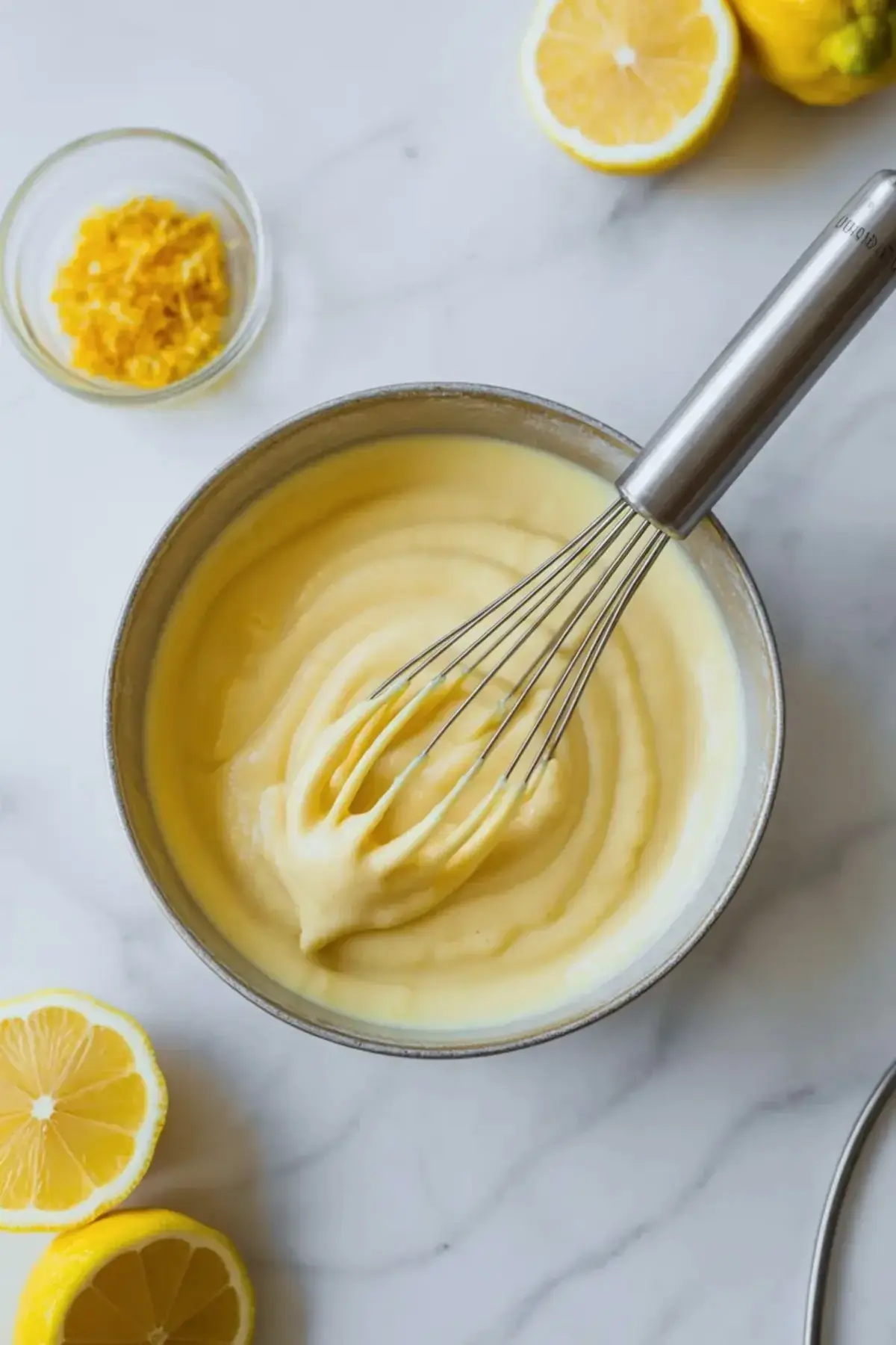 Whisk stirs smooth lemon curd or lemon cream in a metal bowl with fresh lemon halves and lemon zest on a marble surface for bright citrus dessert filling.
