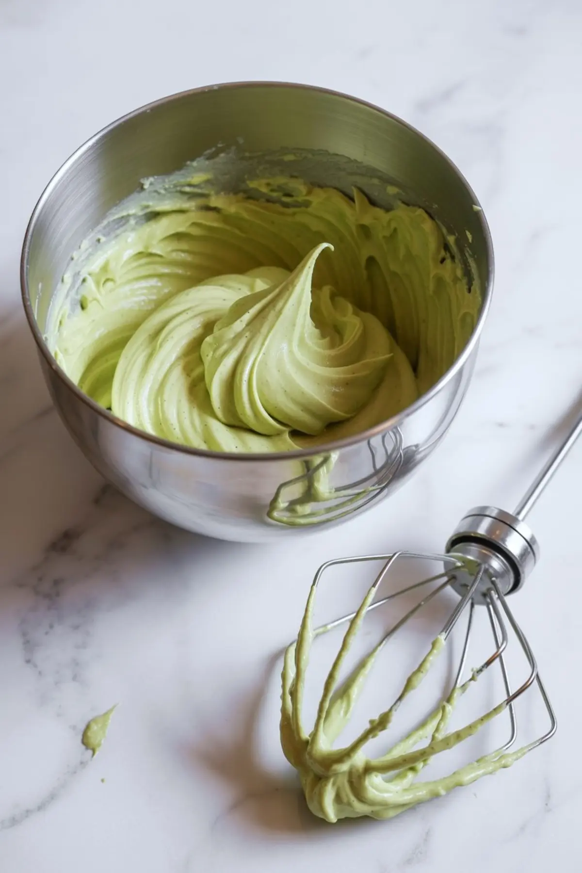 Pistachio mascarpone frosting swirls in a stainless steel mixing bowl with a whisk attachment covered in pale green cream on a white marble countertop, showing smooth texture and stable peaks for cake decorating.