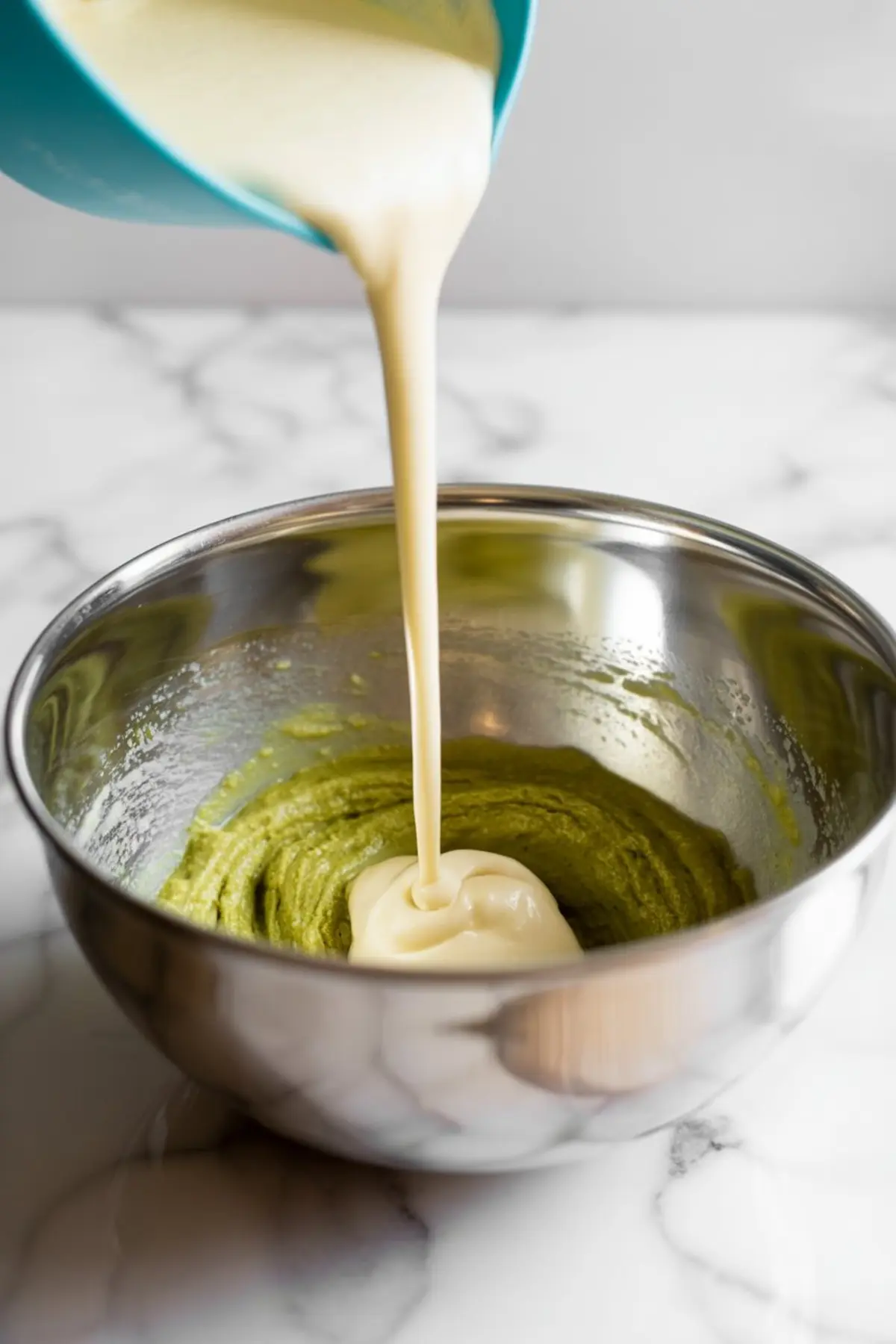 Sweetened condensed milk pours into a bowl of pistachio mascarpone mixture in a stainless steel bowl, showing creamy texture and step-by-step frosting preparation on a marble surface.