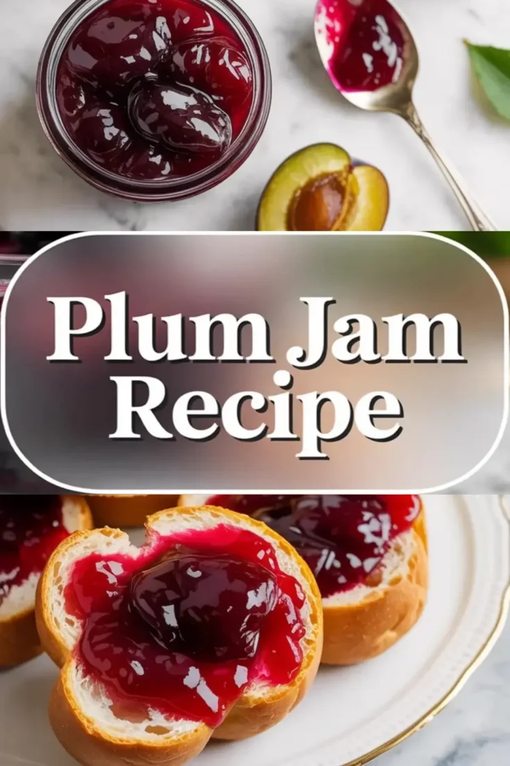 Plum jam recipe collage shows a jar of rich plum jam with a jam-coated spoon and bread topped with thick homemade plum jam.