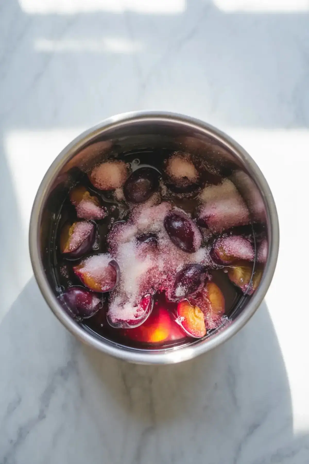 Halved plums cook with sugar and liquid in a saucepan at the start of the plum jam recipe.