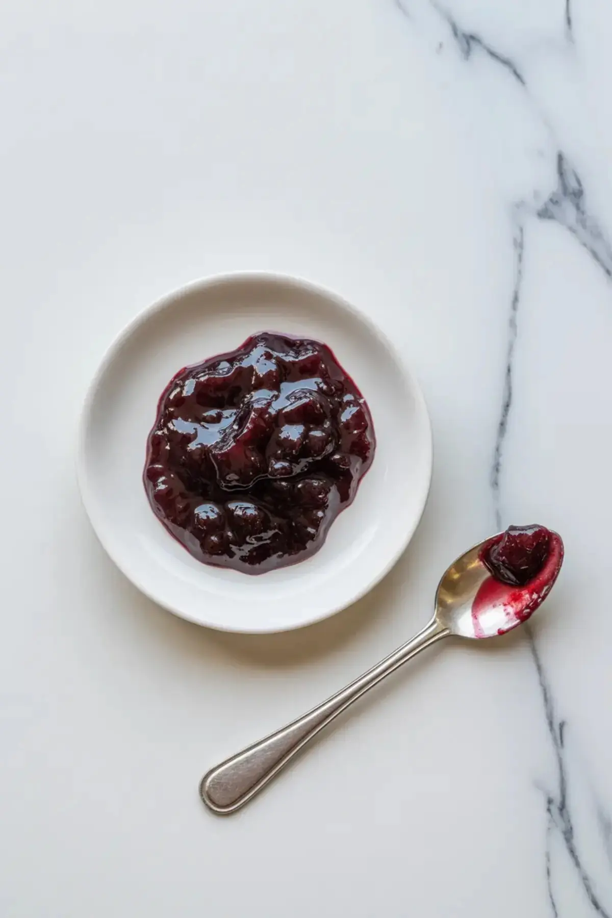 Finished plum jam sits on a white plate beside a spoon with thick glossy plum preserves and visible fruit pieces.