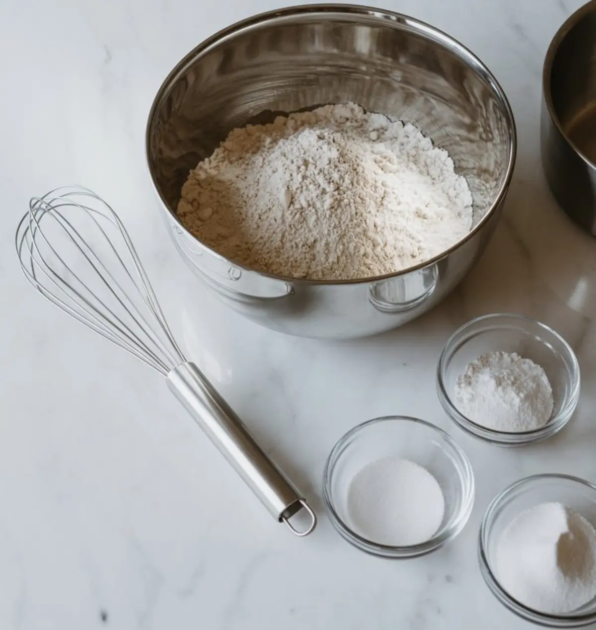 Metal mixing bowl holds all purpose flour on a white marble countertop with small glass bowls of baking powder, sugar, and salt beside a stainless steel whisk, baking ingredients for homemade loaf cake preparation.
