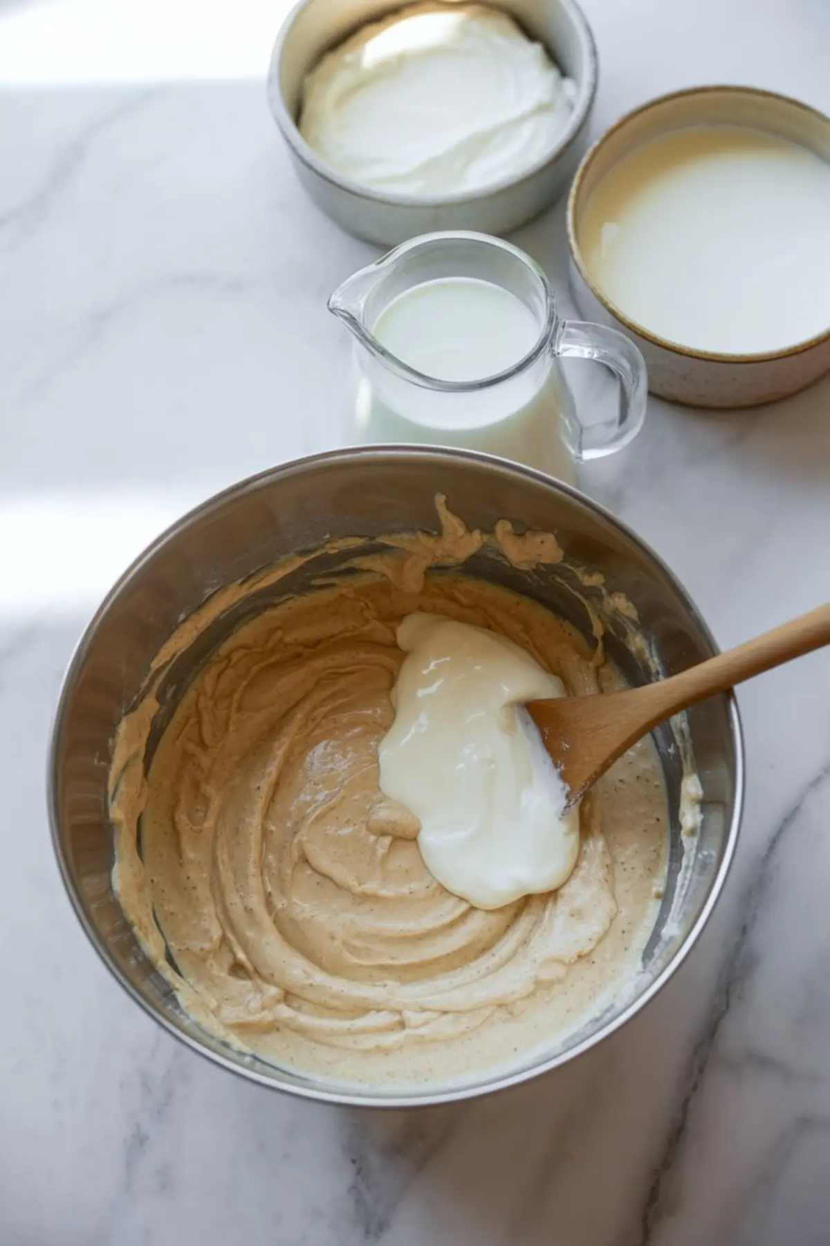 Metal mixing bowl holds thick cake batter while a wooden spoon folds creamy yogurt into the mixture, with small bowls of milk and yogurt on a marble countertop for homemade doughnut loaf cake batter.
