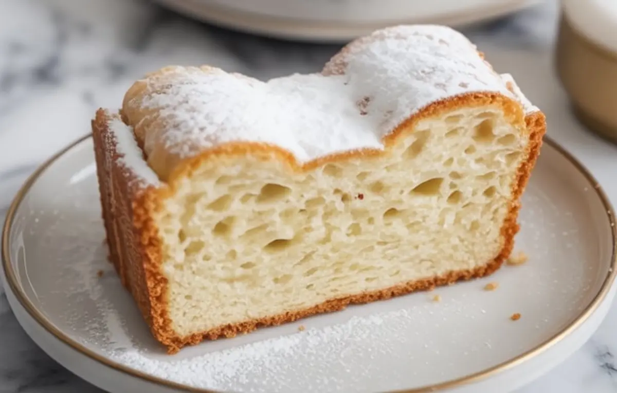 Slice of powdered sugar doughnut loaf cake sits on a ceramic plate with a soft airy crumb and golden crust, homemade dessert loaf cake dusted with powdered sugar.
