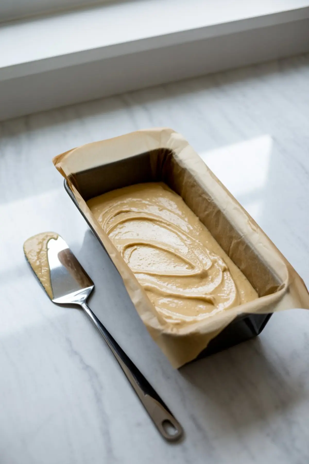 Loaf pan lined with parchment paper holds smooth vanilla cake batter on a marble countertop with an offset spatula beside the pan, preparation step for baked doughnut loaf cake.
