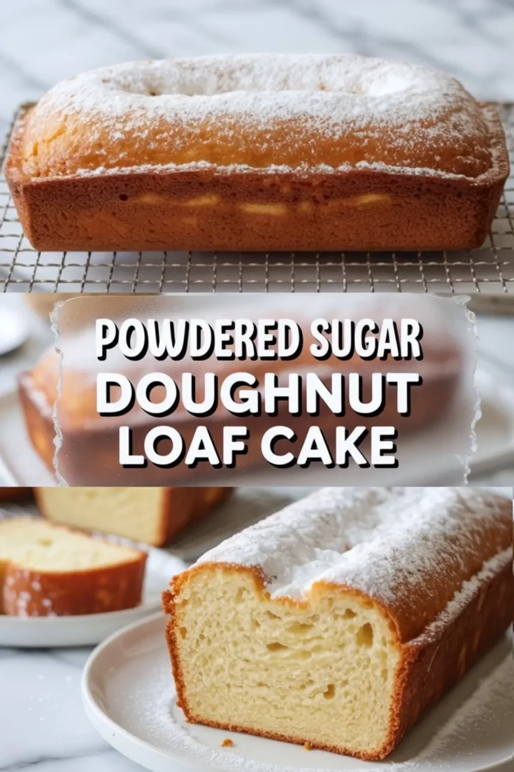 Vertical collage shows powdered sugar doughnut loaf cake cooling on a wire rack and a sliced loaf cake with tender crumb on a plate, text overlay reads powdered sugar doughnut loaf cake.