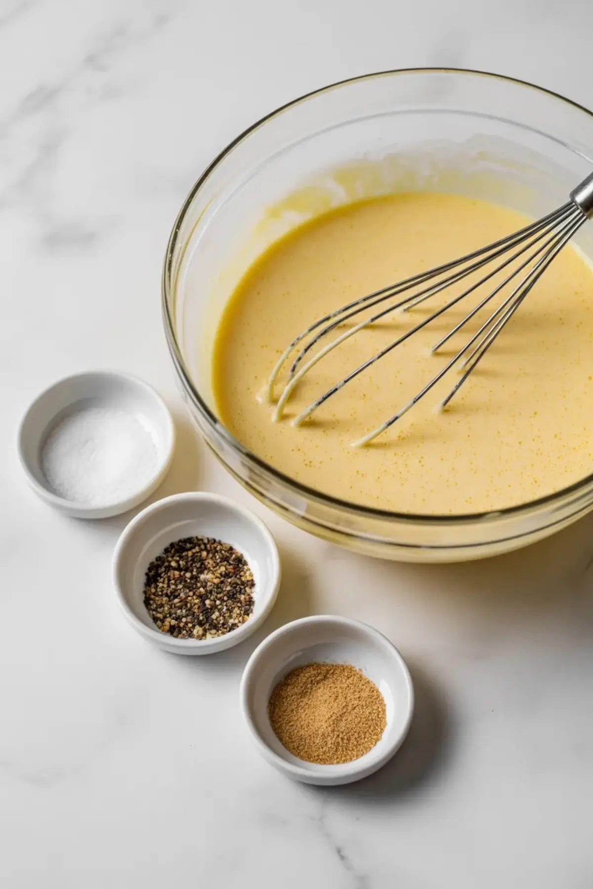 A glass mixing bowl holds pale yellow quiche custard with a whisk resting inside, with small bowls of salt, pepper, and seasoning beside it on a white marble surface.