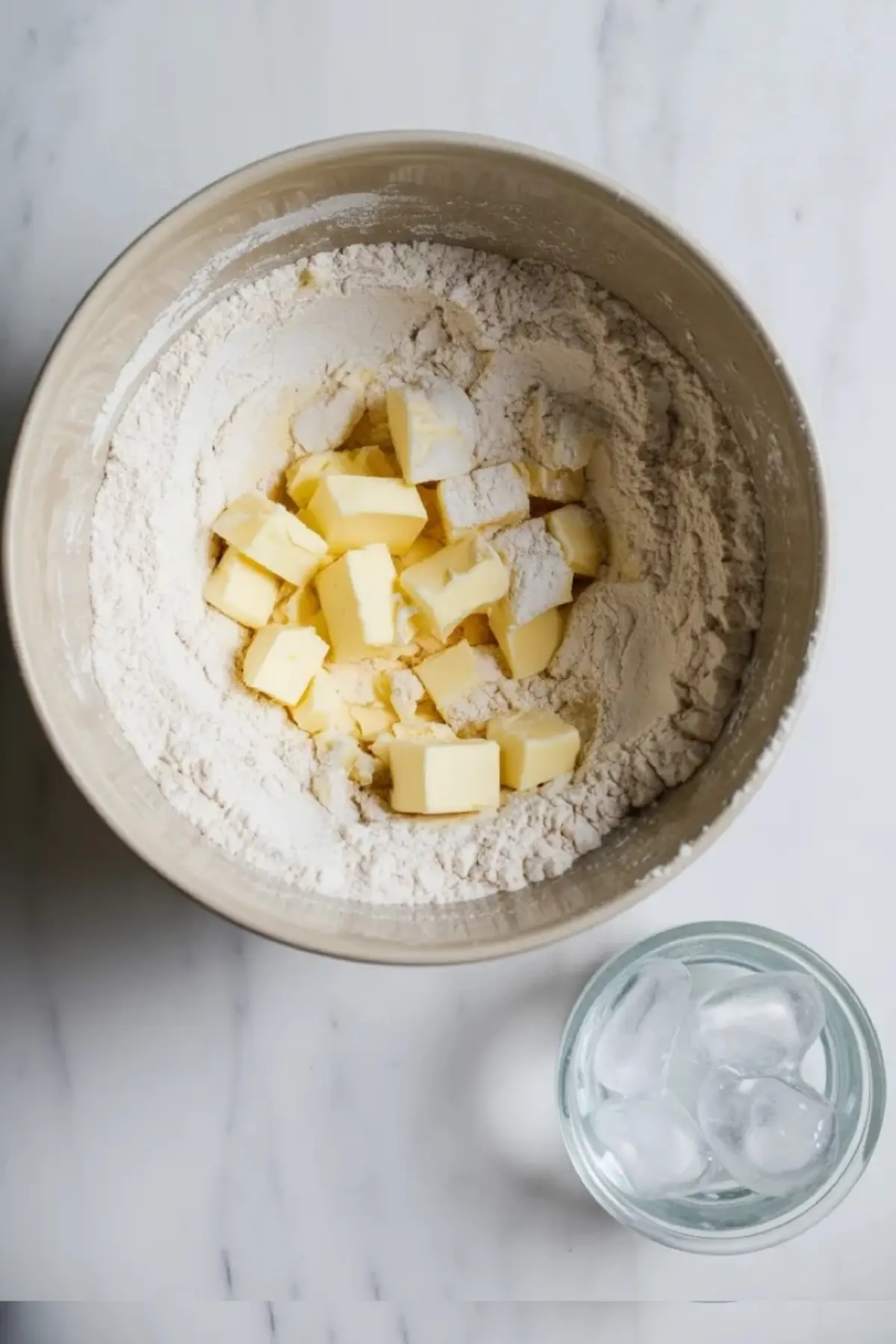 Flour and cold butter sit in a mixing bowl beside a small glass of ice water on a marble surface while the quiche crust is being prepared.