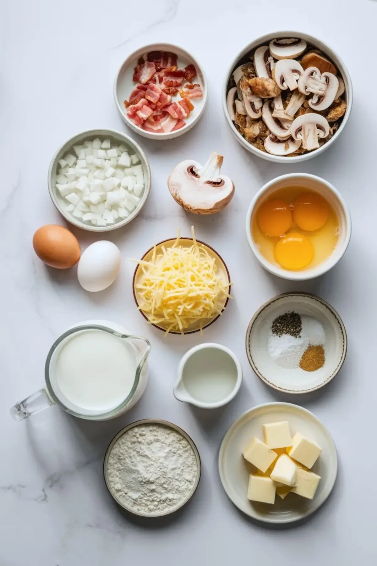 Measured quiche ingredients sit arranged on a marble surface, including eggs, cream, flour, butter, bacon, mushrooms, onion, cheese, and seasonings for quiche lorraine with mushrooms.