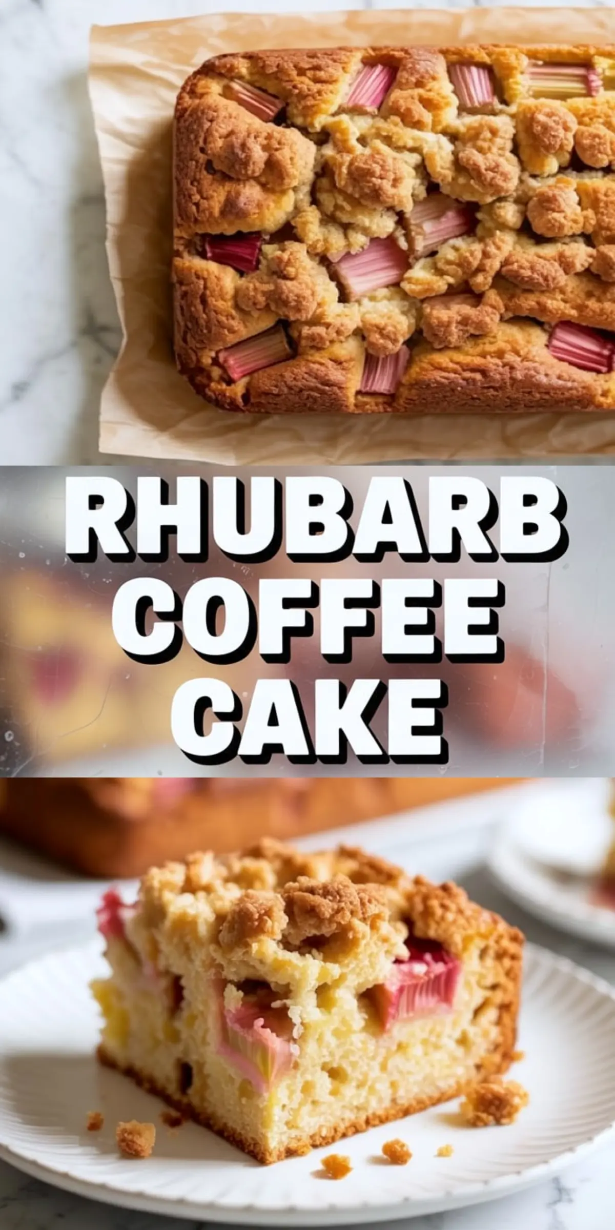 Collage showing the full rhubarb coffee cake in the pan above and a plated slice with streusel topping below.