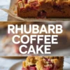 Rhubarb coffee cake collage with a baked streusel cake above and a plated slice below, showing the soft crumb and pink rhubarb pieces.