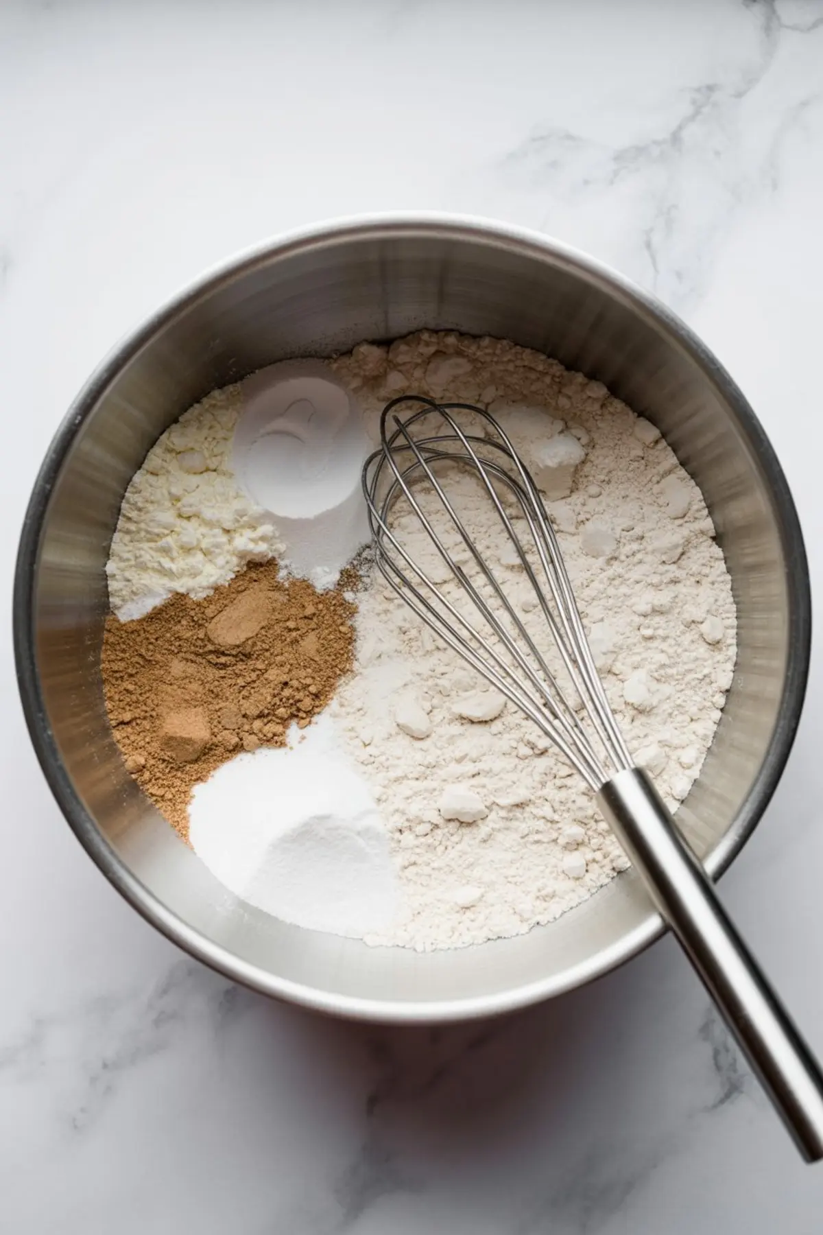 Dry ingredients for rhubarb coffee cake and streusel in a metal mixing bowl with a whisk on a white marble surface.
