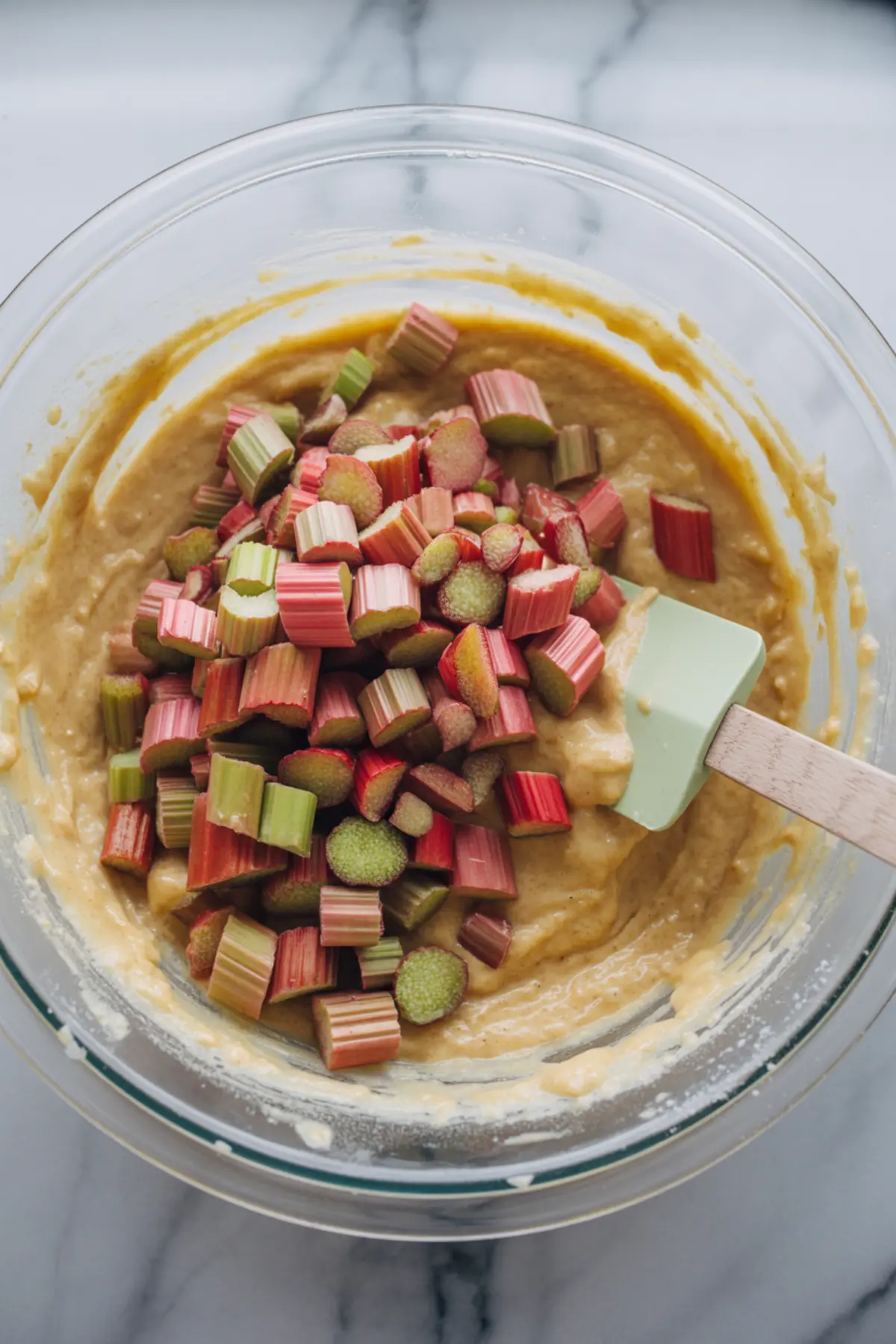 Chopped fresh rhubarb piled over thick coffee cake batter in a glass bowl with a spatula, ready to be folded through.
