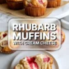 Collage of rhubarb muffins with cream cheese showing a group of baked muffins and a split muffin with a creamy center and rhubarb pieces.