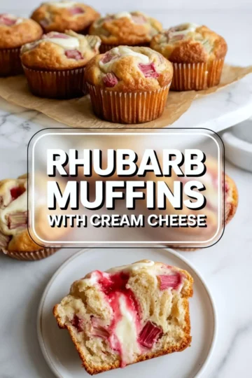 Collage of rhubarb muffins with cream cheese showing a group of baked muffins and a split muffin with a creamy center and rhubarb pieces.