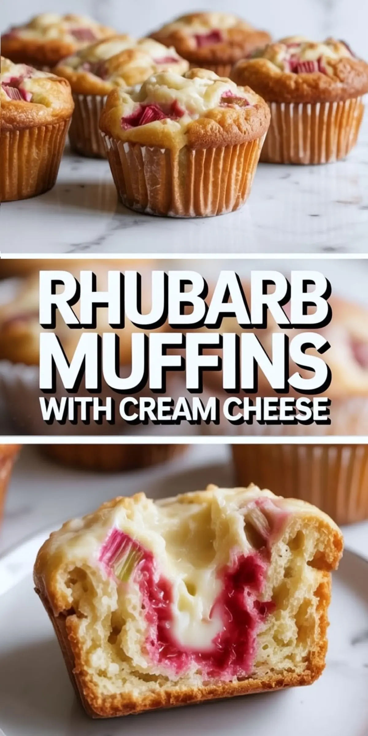 Collage of rhubarb muffins with cream cheese showing a tray of baked muffins and a cut muffin with a creamy filling and bright pink rhubarb inside.
