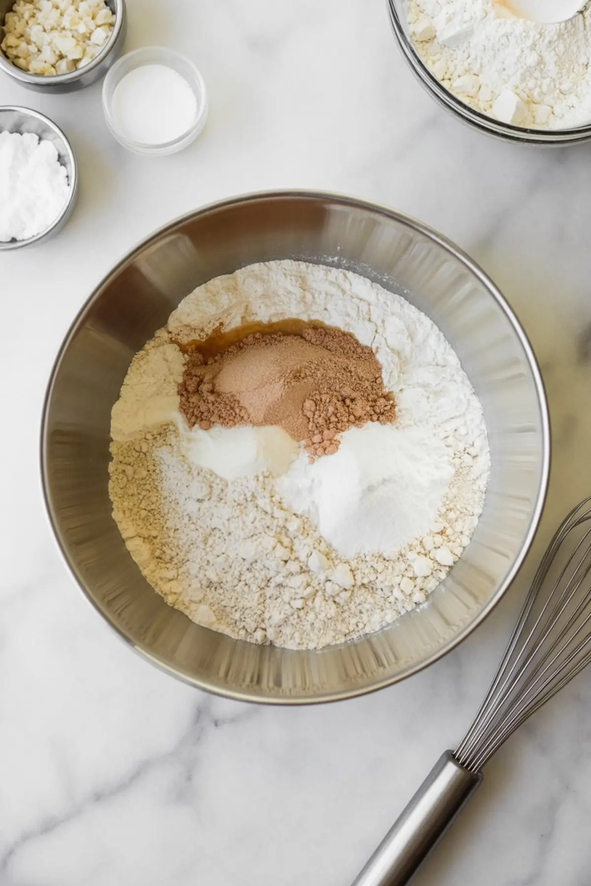 A mixing bowl holds flour, sugar, and leavening on a marble surface with a whisk and small ingredient bowls around it for rhubarb muffins with cream cheese.