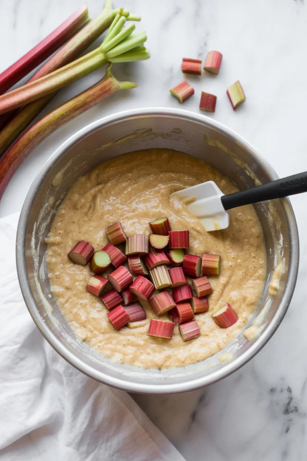 Rhubarb pieces sit on top of muffin batter in a mixing bowl with whole stalks nearby before baking rhubarb muffins with cream cheese.