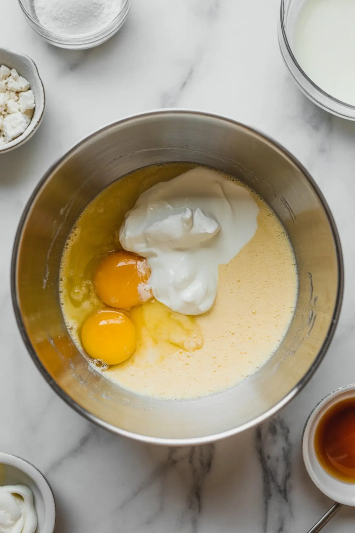 Eggs, sour cream, milk, and vanilla sit in a mixing bowl before being whisked into the batter for rhubarb muffins with cream cheese.