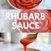 Rhubarb sauce collage showing a bowl of smooth bright pink sauce and a spoon dripping the sauce onto a plate on a white marble surface.