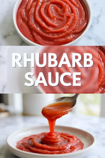 Rhubarb sauce collage showing a bowl of smooth bright pink sauce and a spoon dripping the sauce onto a plate on a white marble surface.