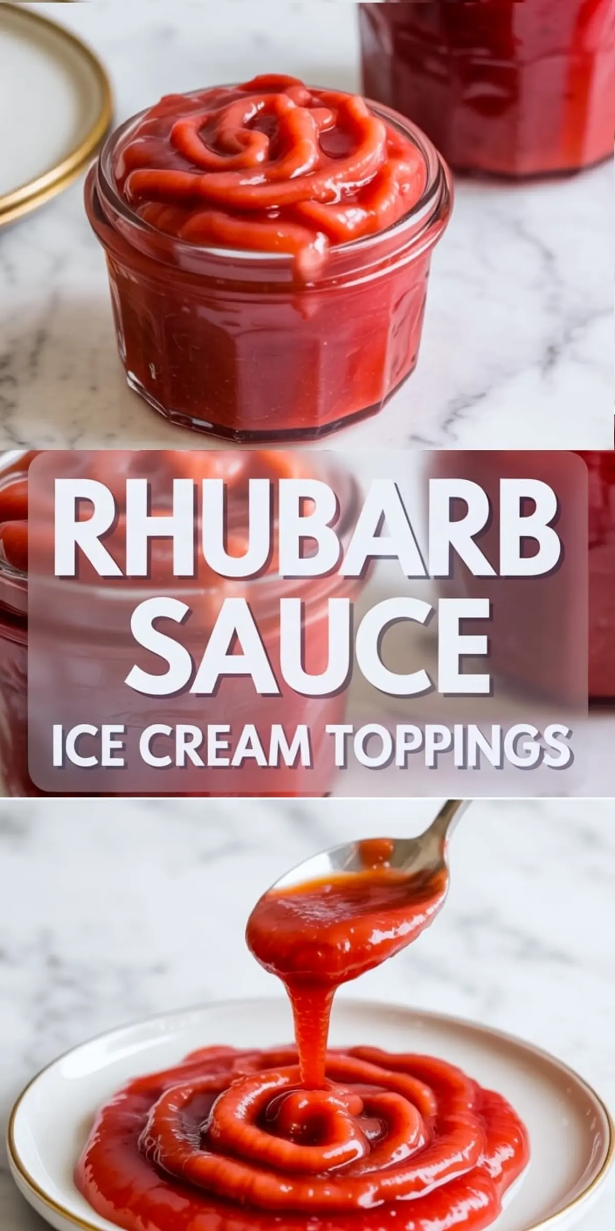 Rhubarb sauce collage showing a small glass jar filled with bright pink sauce and a spoon pouring the sauce onto a plate on a white marble surface.