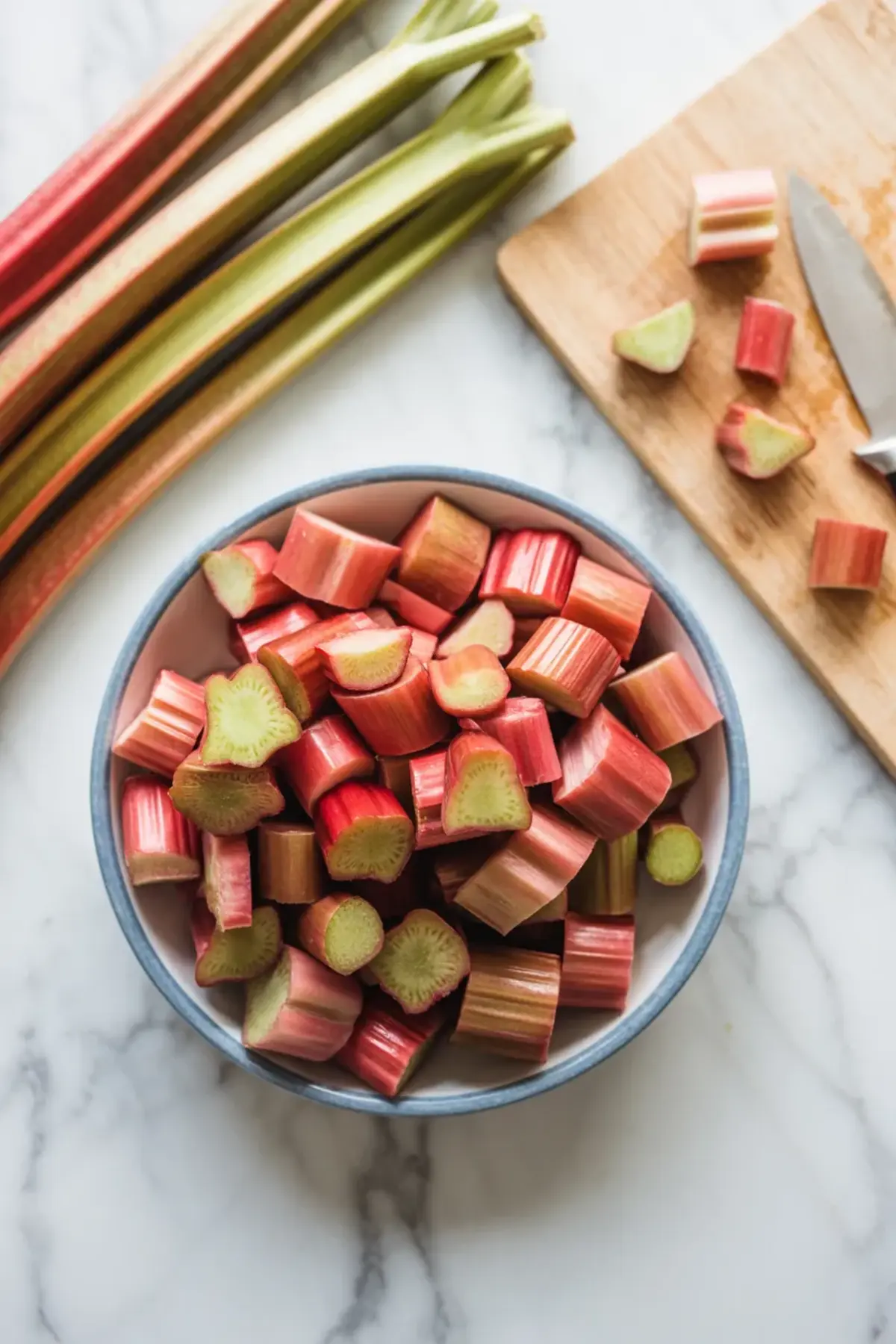 Chopped fresh rhubarb in a bowl with whole rhubarb stalks, a cutting board, and a knife on a white marble surface.