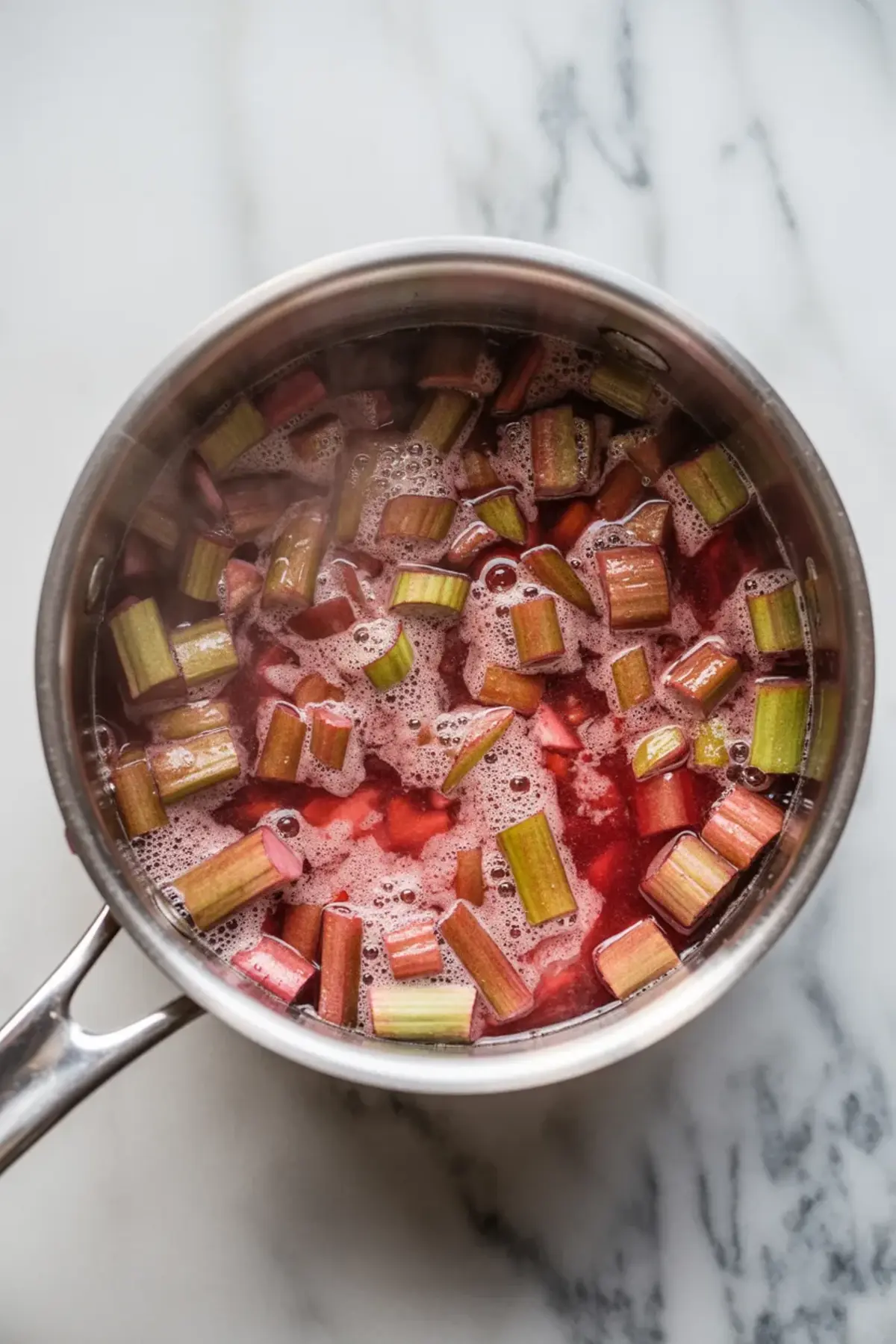 Chopped rhubarb simmers in a saucepan with pink juices as the fruit softens into rhubarb sauce.