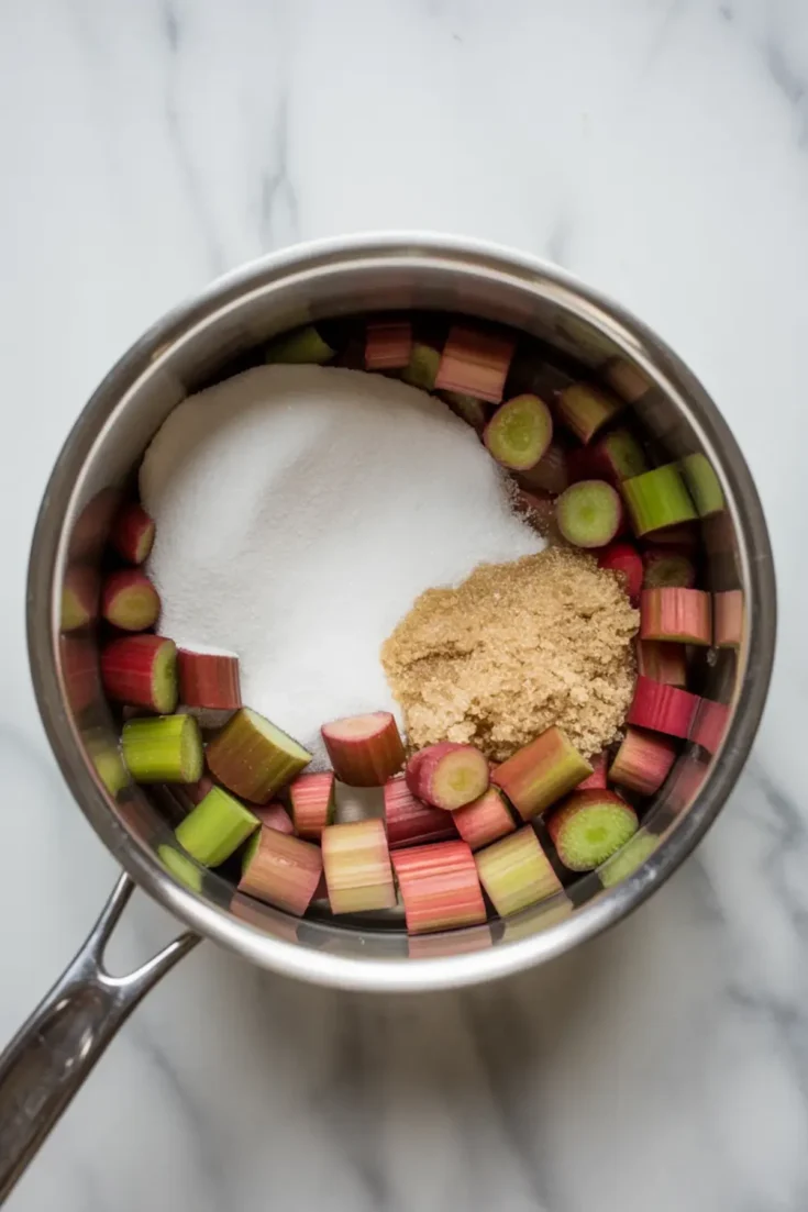 A bowl filled with smooth glossy rhubarb sauce swirled into soft peaks on a white marble surface.