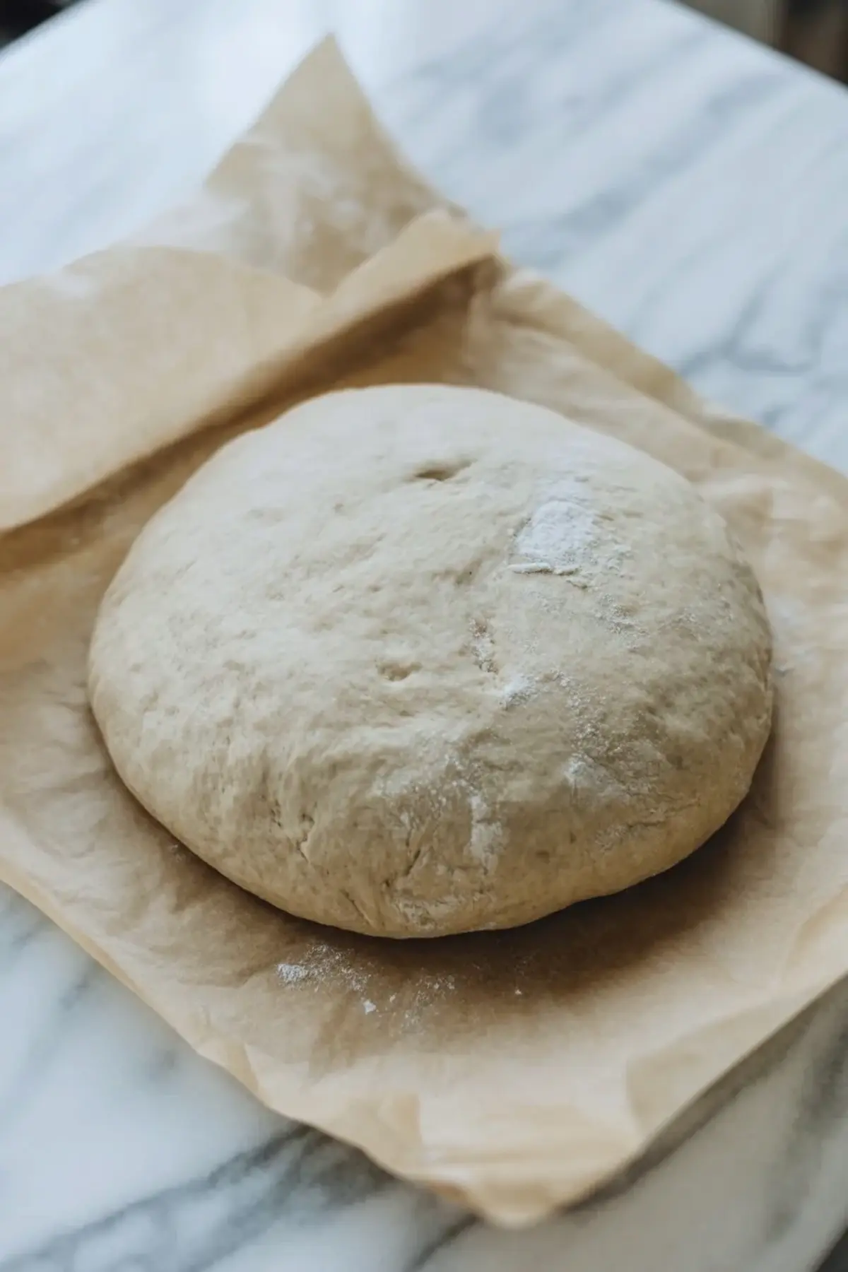 Bowl of sliced peaches mixed with sugar for rustic peach galette filling on a white marble surface.